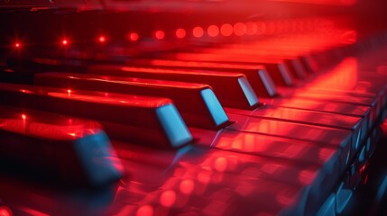 Obraz premium Close-up of illuminated piano keys with red lighting, artistic music concept