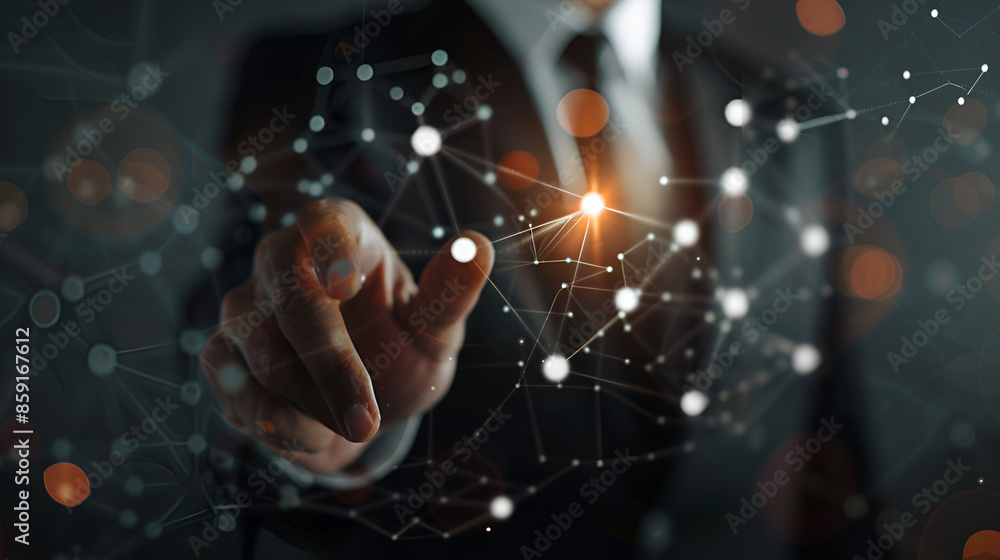 Poster man hand touching global internet connection. financial and digital link tech big data,hand touching