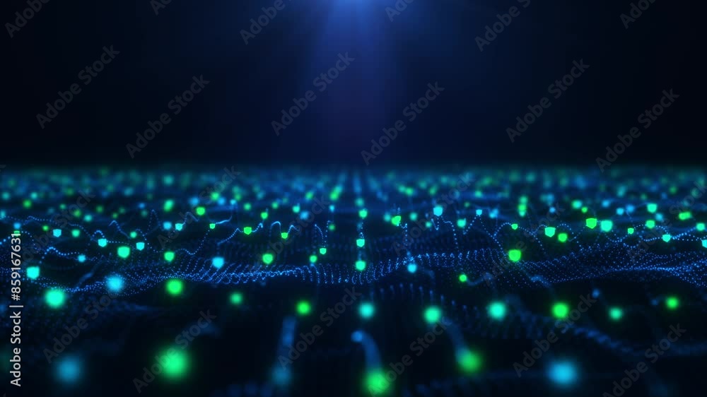 Poster abstract neon glow digital landscape with cube particle. crypto currency, big data, block chain and 