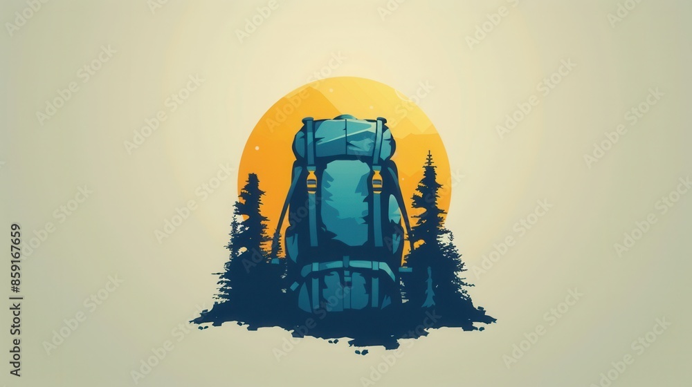 Poster a stylized illustration of a backpack set against a minimalist background featuring a sunset. genera