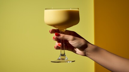 Retro female hand holding cocktail in vintage 60s and 70s style on plain background