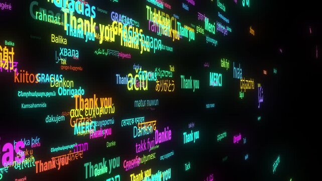 Thank you in Different Kind of Languages Word Animation, Flying through Elements, Computer Generated, 4K. Gratitude, thankfulness, thanksgiving, or gratefulness, gratitude from the whole world