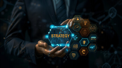 A suit presenting a glowing digital interface with 'Strategy' text, interconnected icons for planning