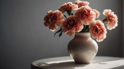 vase with carnation flowers on white table and plain background with dramatic lighting