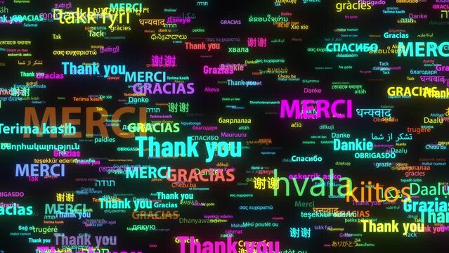 Thank you in Different Kind of Languages Word Animation, Flying through Elements, Computer Generated, 4K. Gratitude, thankfulness, thanksgiving, or gratefulness, gratitude from the whole world