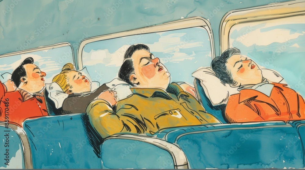 Poster a humorous drawing of the various sleeping positions of fellow passengers with notes on the differen