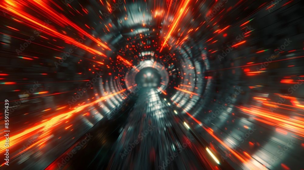 Poster Speeding motion blurred in tunnel. powerful of abtract light trails. 3d rendering