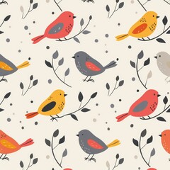 floral pattern with bright colorful birds and tropic leaves on a white background. ai generated