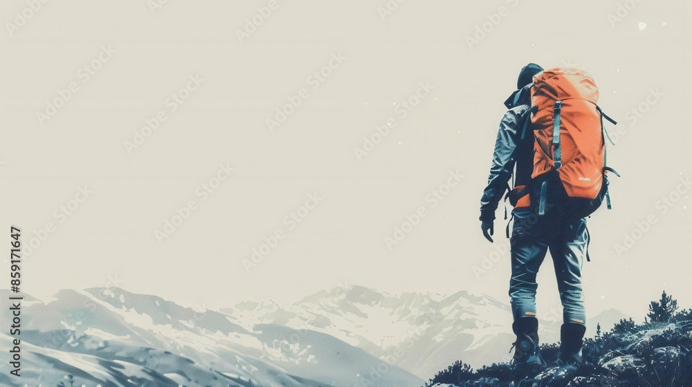 Poster A lone hiker stands on a mountaintop with a large backpack, gazing out at a snowy mountain range. The image features a minimalist background. Generative AI