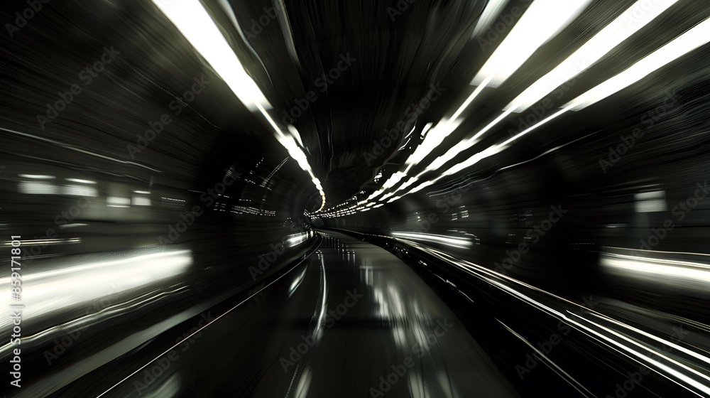 Aufkleber speeding motion blurred in tunnel. powerful of abtract light trails. 3d rendering