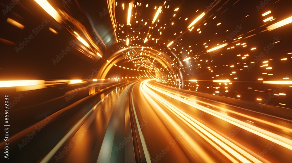 Poster speeding motion blurred in tunnel. powerful of abtract light trails. 3d rendering