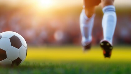 Soccer Player Kicking Ball at Sunset on Field