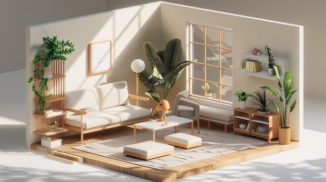 An isometric view of a living room designed in a Muji style, created as a digital art piece in 3D rendering
