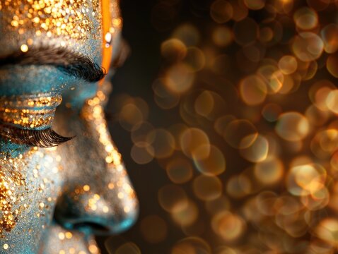 Shimmering Gold Glitter on Woman's Face with Bokeh Background. Maha Shivaratri
