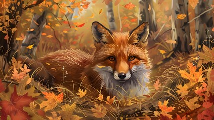 Fototapeta premium Cute Red Fox, Vulpes vulpes, fall forest. Beautiful animal in the nature habitat. Orange fox, detail portrait, Czech. Wildlife scene from the wild nature. Red fox running in orange autumn leaves. 