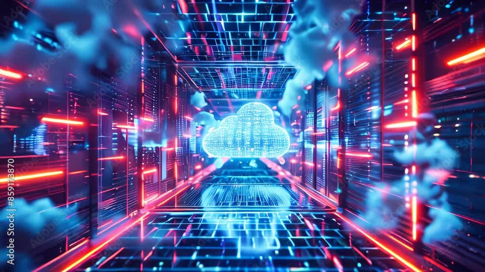 Poster blue abstract cloud data hologram. cloud storage and computing concept animation.