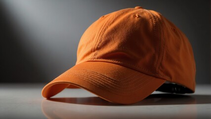 a orange baseball cap on white table and plain background with dramatic lighting