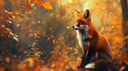 Cute Red Fox, Vulpes vulpes, fall forest. Beautiful animal in the nature habitat. Orange fox, detail portrait, Czech. Wildlife scene from the wild nature. Red fox running in orange autumn leaves. 