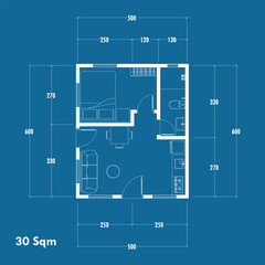 Floor plan blueprint type 30 sqm, Figure of the jotting sketch of the construction and the industrial skeleton of the structure and dimensions. vector eps 10