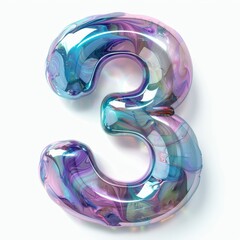 Iridescent Number Three Rendered in 3D on White Background