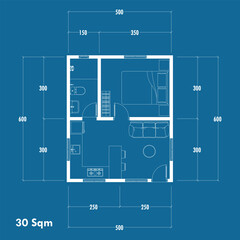 Floor plan blueprint type 30 sqm, Figure of the jotting sketch of the construction and the industrial skeleton of the structure and dimensions. vector eps 10
