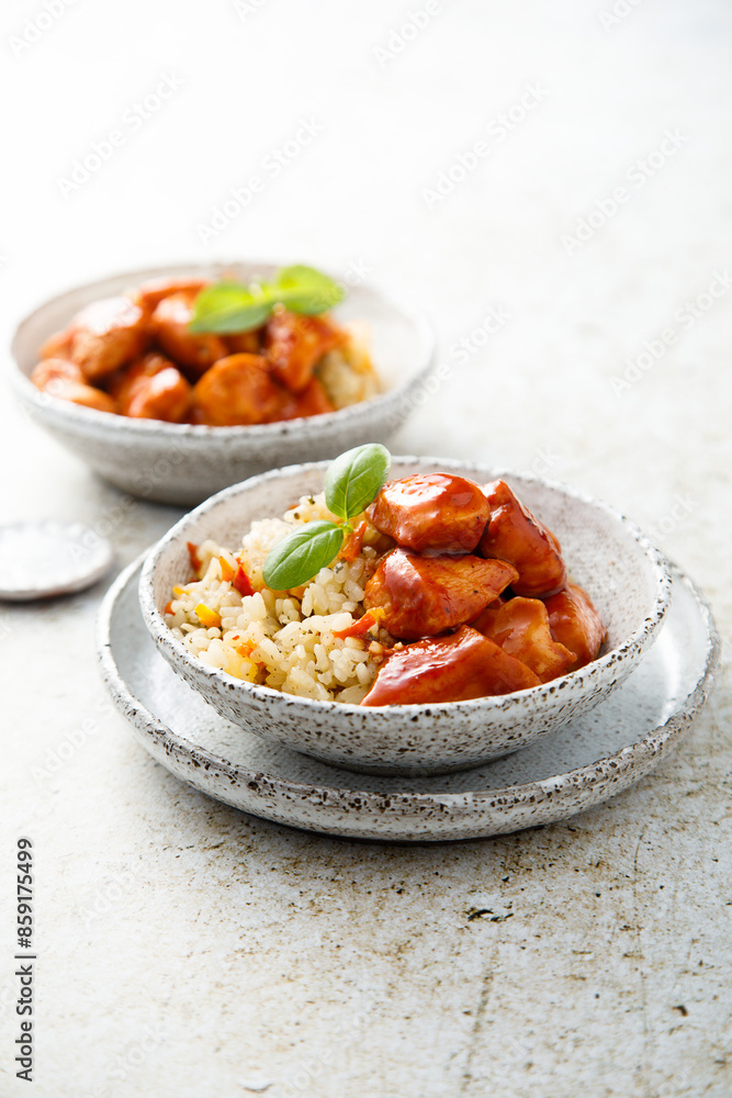 Poster Rice bowl with spicy chicken