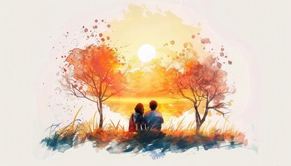 A vibrant watercolor painting of a couple sitting by a lake, watching a beautiful sunset surrounded by autumn trees.