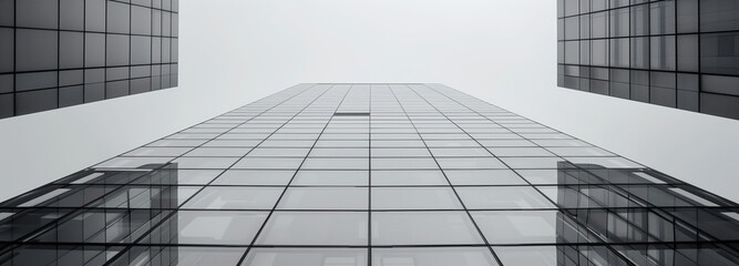 A low-angle view of a tall glass building, showcasing its intricate grid pattern against a bright, cloudless sky