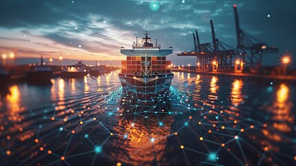 A container ship enters a well-lit port with an overlay of digital connections, highlighting the transformation of traditional shipping through technological advancements for stark efficiency.