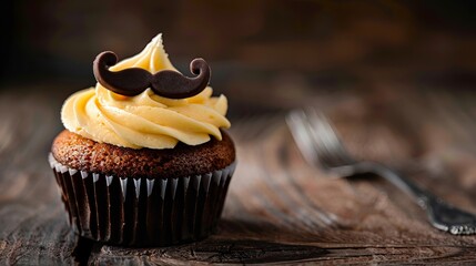 Father's day celebration cupcake with moustache topper surrounded by festive decorations on white background