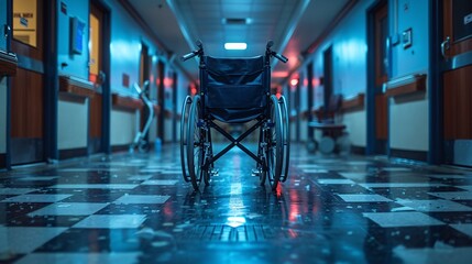 Low-key images of an empty wheelchair in a desolate hallway, symbolizing sickness or loneliness in a hospital