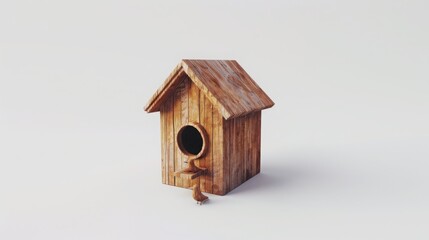 Rustic wooden birdhouse with autumn leaves, isolated on white background, perfect for nature and outdoor themed designs.