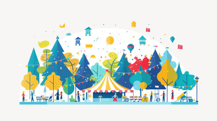 Obraz premium Vibrant illustration of an outdoor festival with tents, trees, and people celebrating in a park setting.