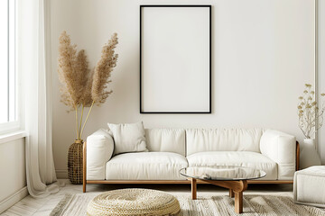 Sofa and vase with pampas grass near white wall with mock up blank frame. Scandinavian interior design of modern living room.