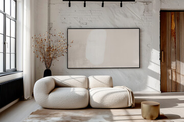 Minimalist, loft interior design of modern living room.
