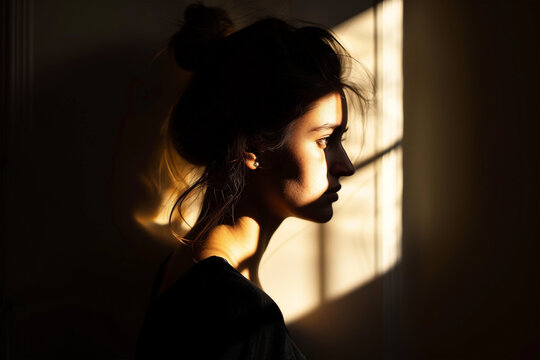 Woman profile in dramatic shadow and sunlight. Generative AI image