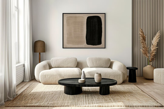 Minimalist, japandi interior design of modern living room.