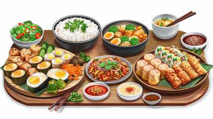 A variety of colorful Asian dishes served on a wooden table, showcasing a diverse and appetizing feast.