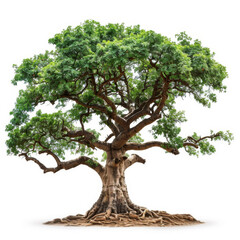 A large green tree with an extensive network of roots exposed, symbolizing growth, strength, and nature's resilience.