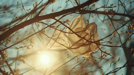 Through the branches of a tree a handkerchief twirls and twists suspended by the wind.