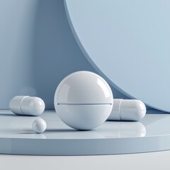 A minimalist and modern composition with white pill capsules set against a smooth, light blue background- AI Generated Digital Art