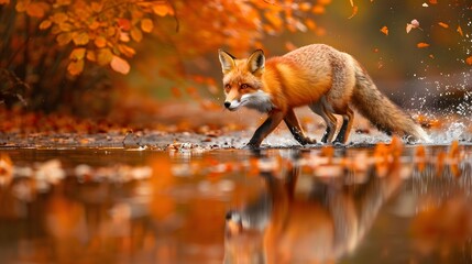 Cute Red Fox, Vulpes vulpes, fall forest. Beautiful animal in the nature habitat. Orange fox, detail portrait, Czech. Wildlife scene from the wild nature. Red fox running in orange autumn leaves. 