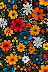 Vibrant Floral Pattern With Multicolored Flowers on a Black Background