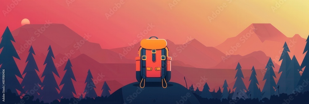 Poster a minimalist digital illustration of a backpack on a mountaintop against a sunset backdrop. generati