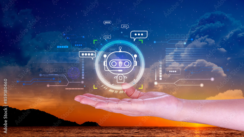 Poster businessman using for digital chatbot, robot application, conversation assistant, ai artificial inte