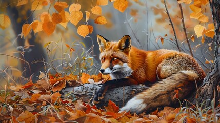 Fototapeta premium Cute Red Fox, Vulpes vulpes, fall forest. Beautiful animal in the nature habitat. Orange fox, detail portrait, Czech. Wildlife scene from the wild nature. Red fox running in orange autumn leaves. 