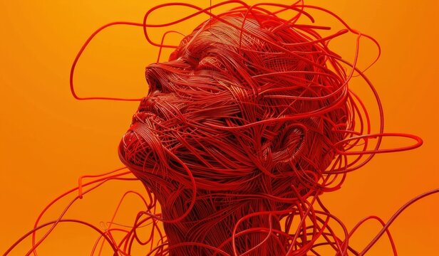 Sculptural representation of human head with red wire element on vibrant orange background for art and design concepts
