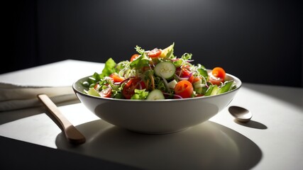 bowl of salad on white table and plain background with dramatic lighting