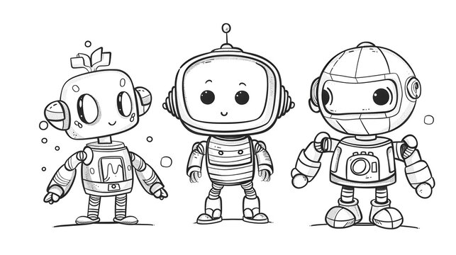 Cute humanoid robor Kids/ adult coloring page book art, black and white vector illustration 