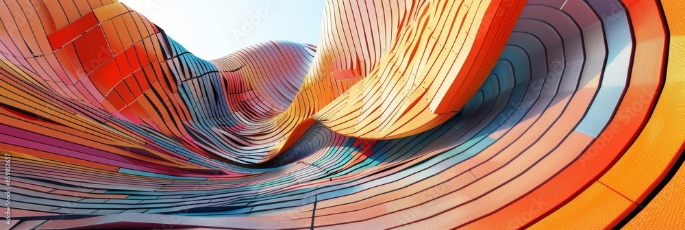 Poster a playful mix of bold stripes and curved lines in vibrant colors form a wavy and dynamic mesh compos